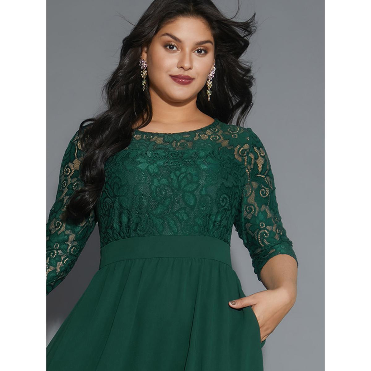 Plus Size Lace Patchwork Shirred Midi Pocket Dress DarkGreen Women Cocktail Woven ribbon&lace trim Round Neck Elbow-length sleeve Curvy BloomChic 14-16/1X Product Image