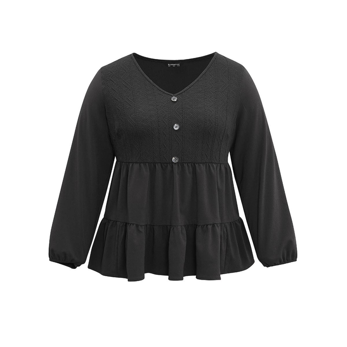 Plus Size Black Solid Textured Button Detail Ruffle Layered Hem Blouse Women Casual Long Sleeve V-neck Work Blouses BloomChic 10/M Product Image