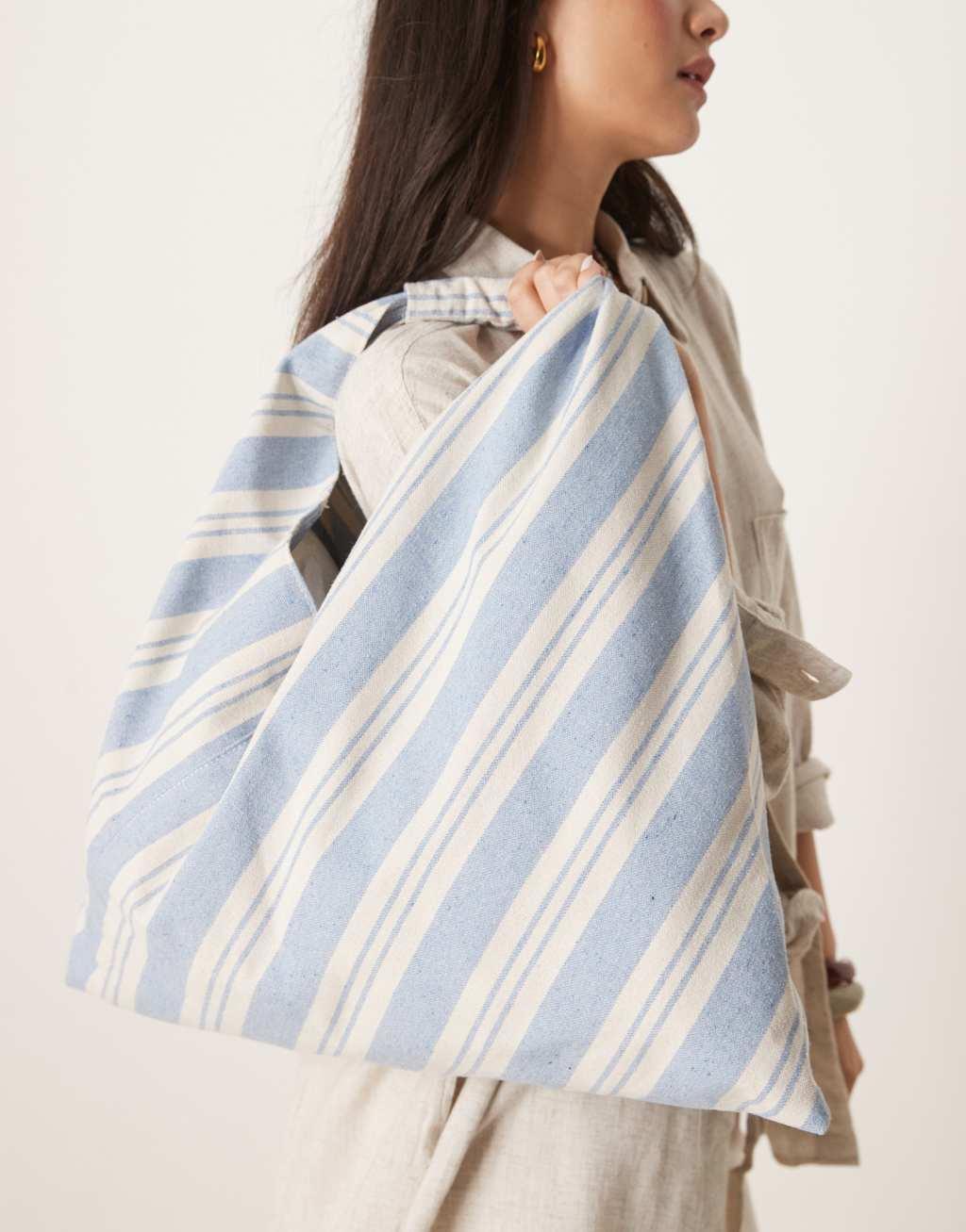 ASOS DESIGN striped trapeze tote bag in blue Product Image