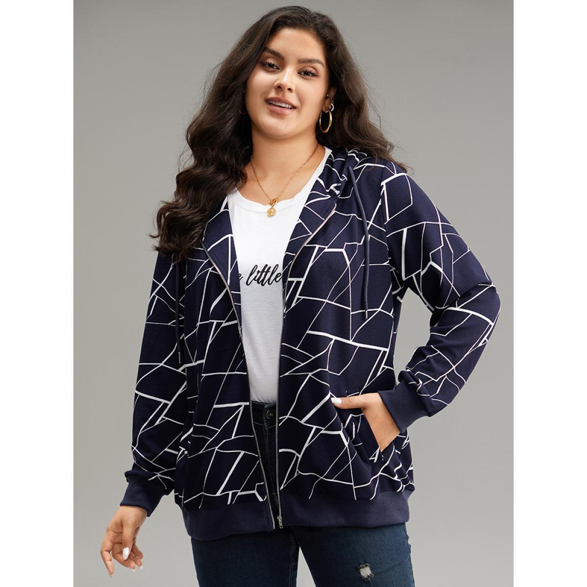 Plus Size Geometric Zipper Hooded Drawstring Sweatshirt Women Midnight Casual Printed Hooded Dailywear Sweatshirts BloomChic 18-20/2X Product Image