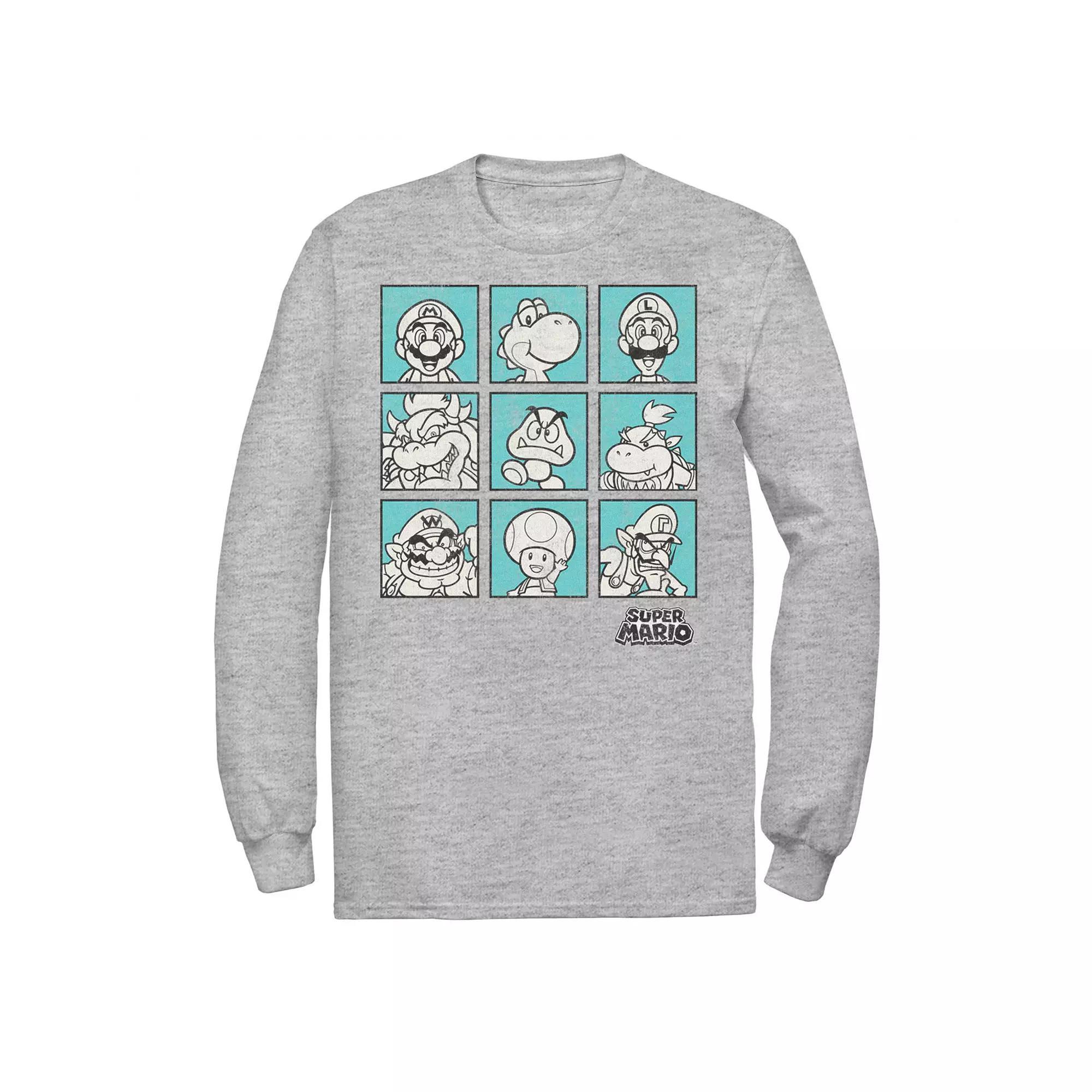 Big & Tall Nintendo Super Mario Teal Character Boxes Long Sleeve Graphic Tee, Men's, Size: 4XL, Athletic Grey Product Image