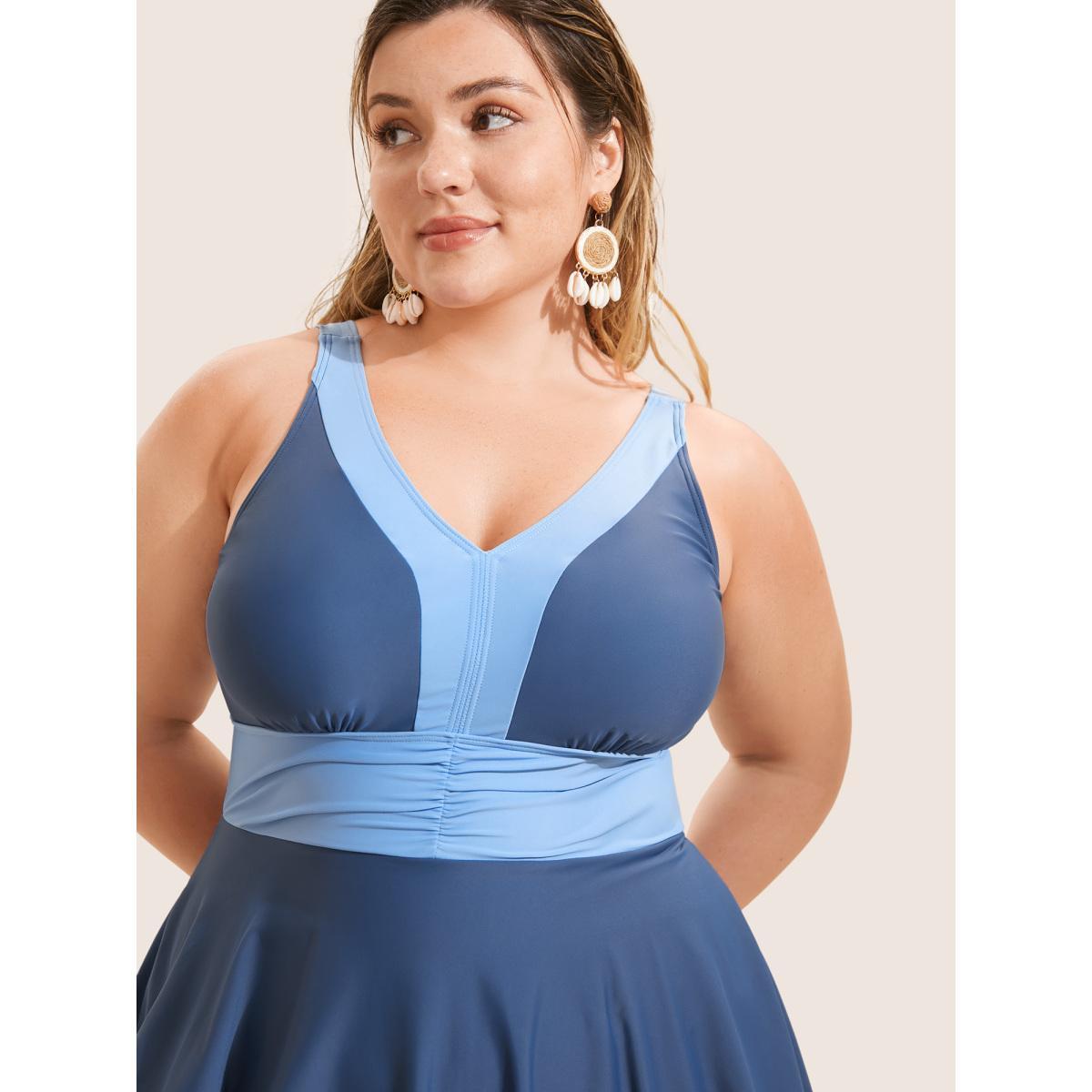 Plus Size Two Tone Patchwork Gathered Swim Dress Women's Swimwear Aegean Beach Bodycon V-neck High stretch Curve Swim Dresses BloomChic 28/5X Product Image