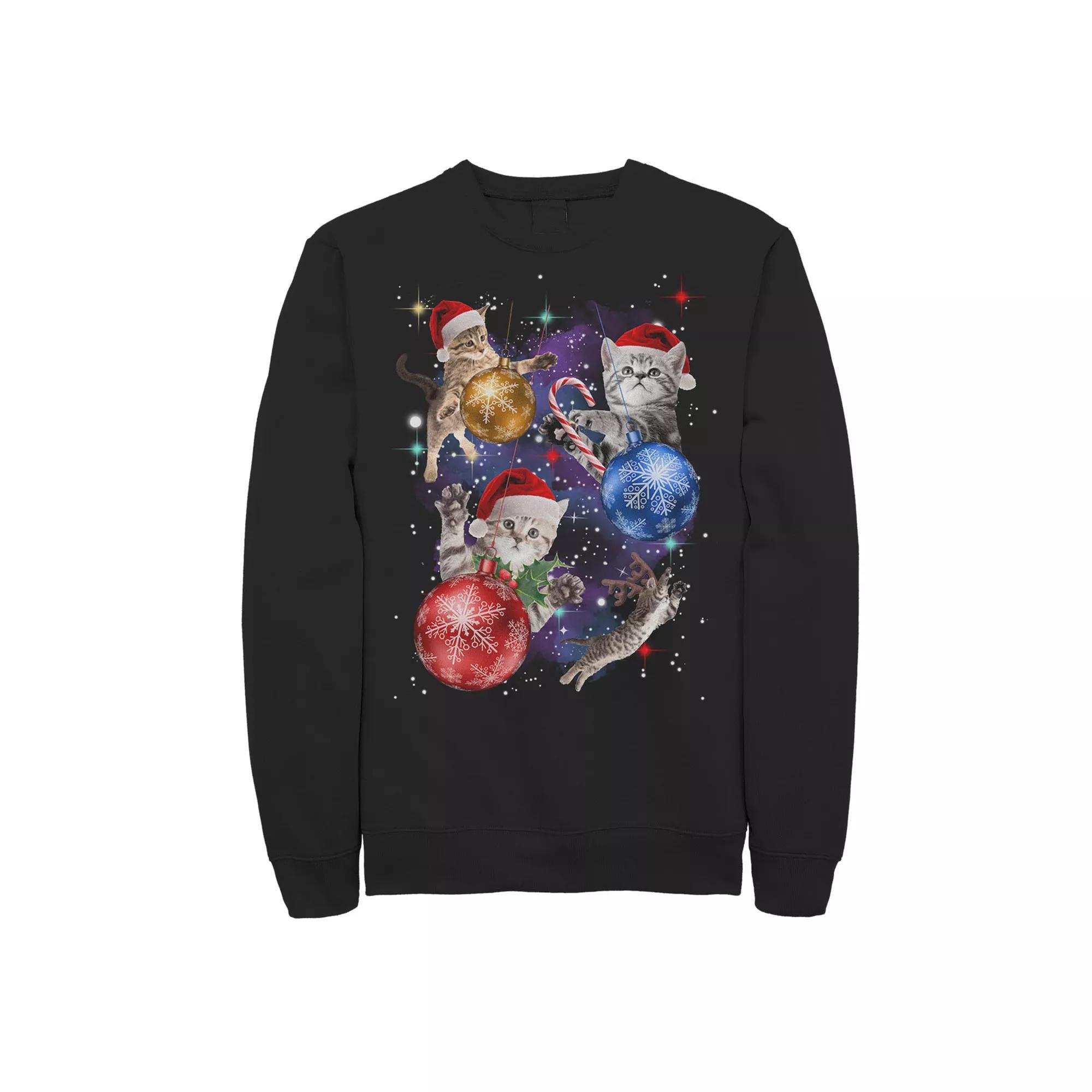 Men's Cats In Space Christmas Fleece Crewneck Sweatshirt, Size: 3XL, Black Product Image