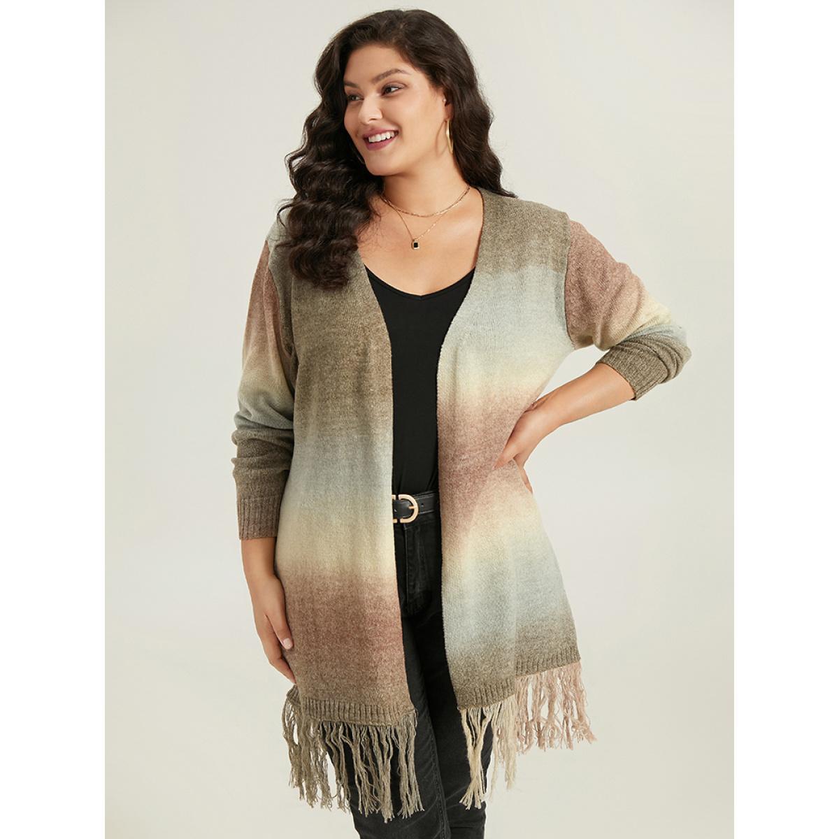 Plus Size Ombre Fringe Trim Open Front Cardigan Multicolor Women Casual Loose Long Sleeve Dailywear Cardigans BloomChic 12/L Product Image