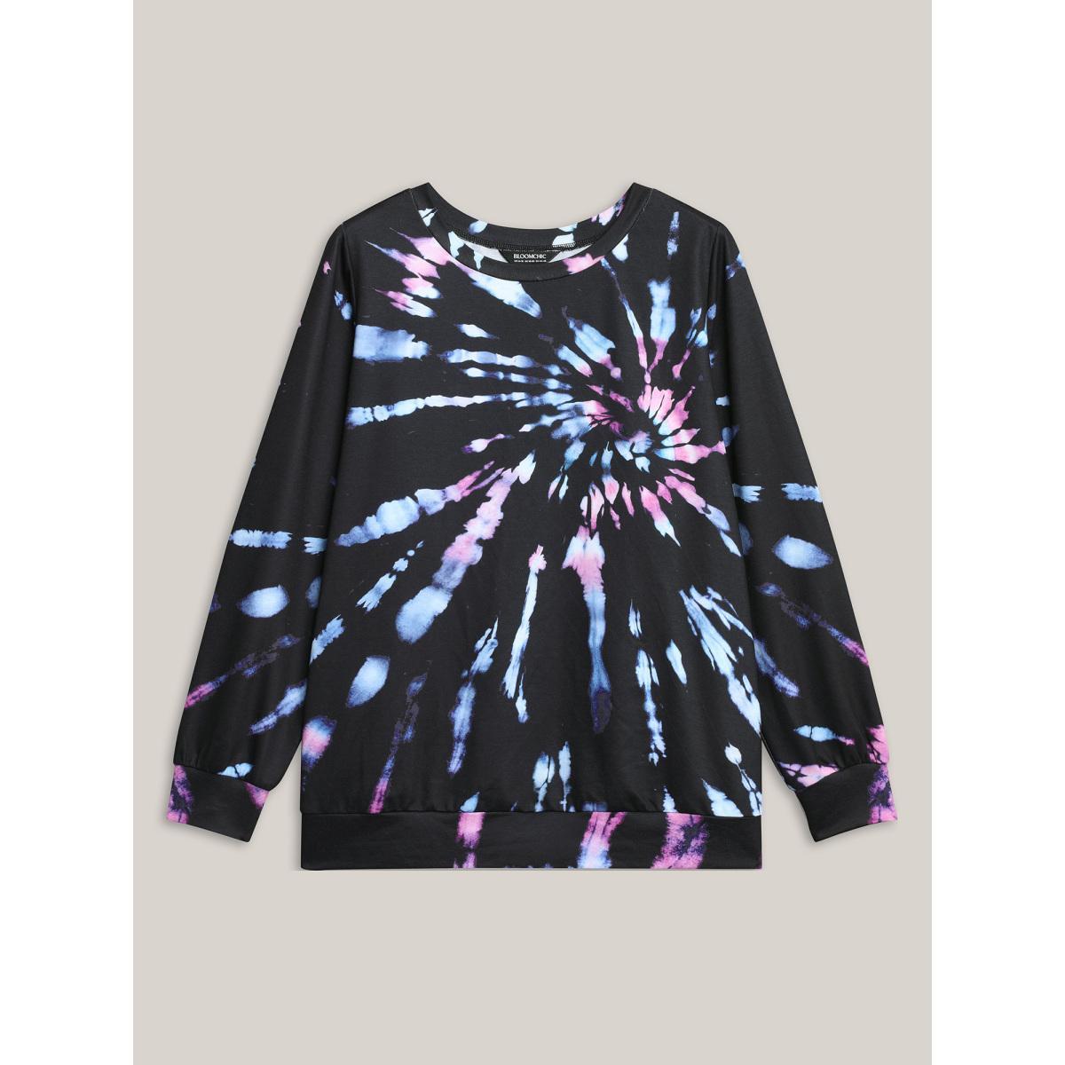 Plus Size Tie-Dye Stretchy Crew Neck Sweatshirt Women Black Casual Contrast Round Neck Everyday Sweatshirts BloomChic 10/M Product Image