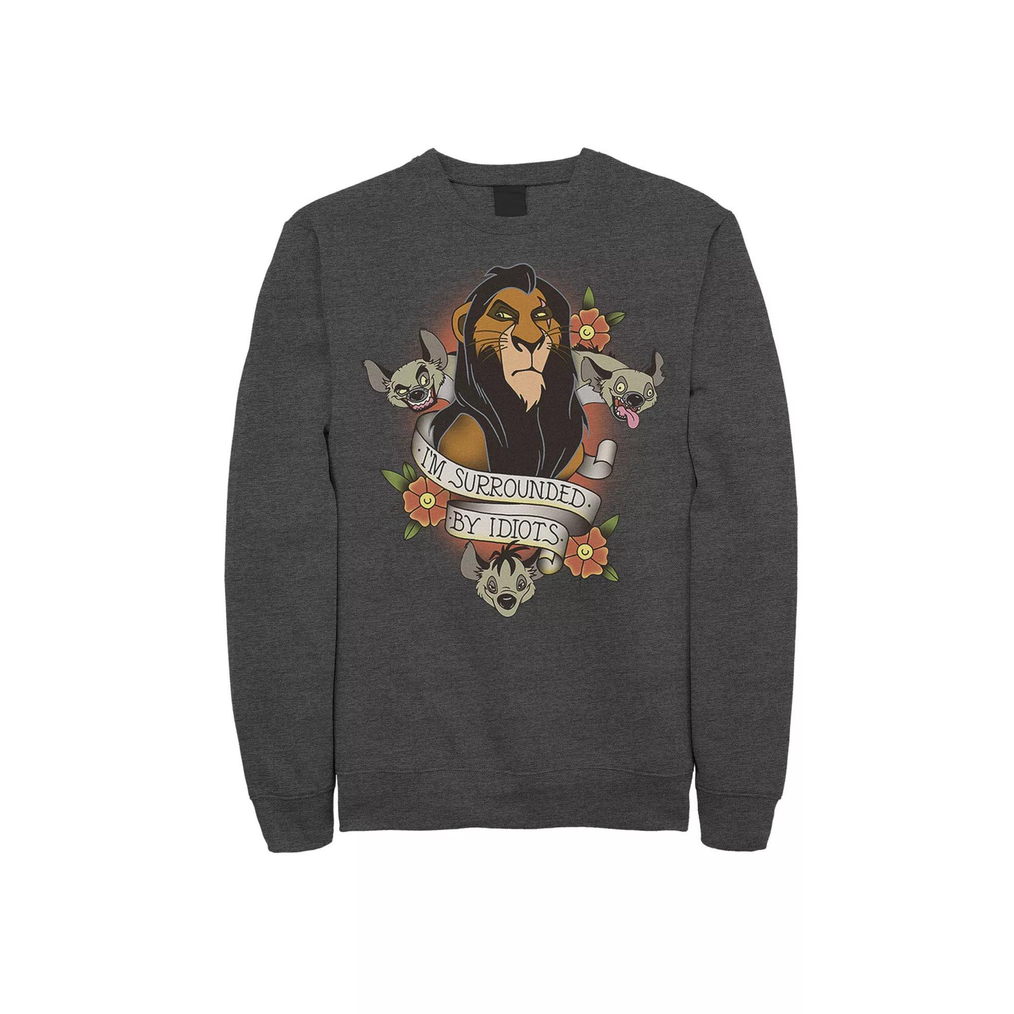 Disney's The Lion King Men's Scar With Hyenas Surrounded By Idiots Graphic Fleece Pullover, Size: XXL, Grey Heather Product Image