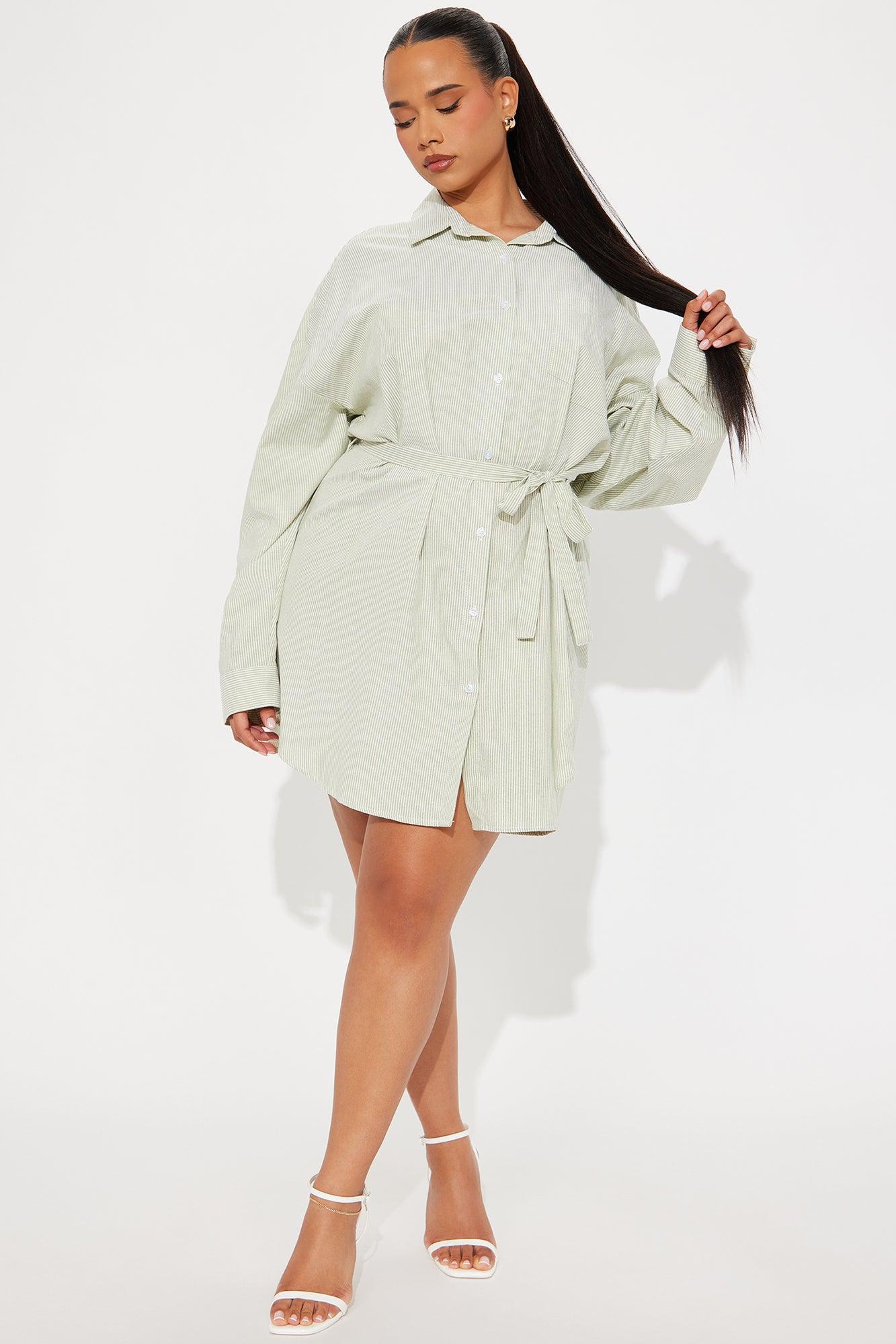 Morgan Pinstripe Shirt Mini Dress - Olive/combo Product Image