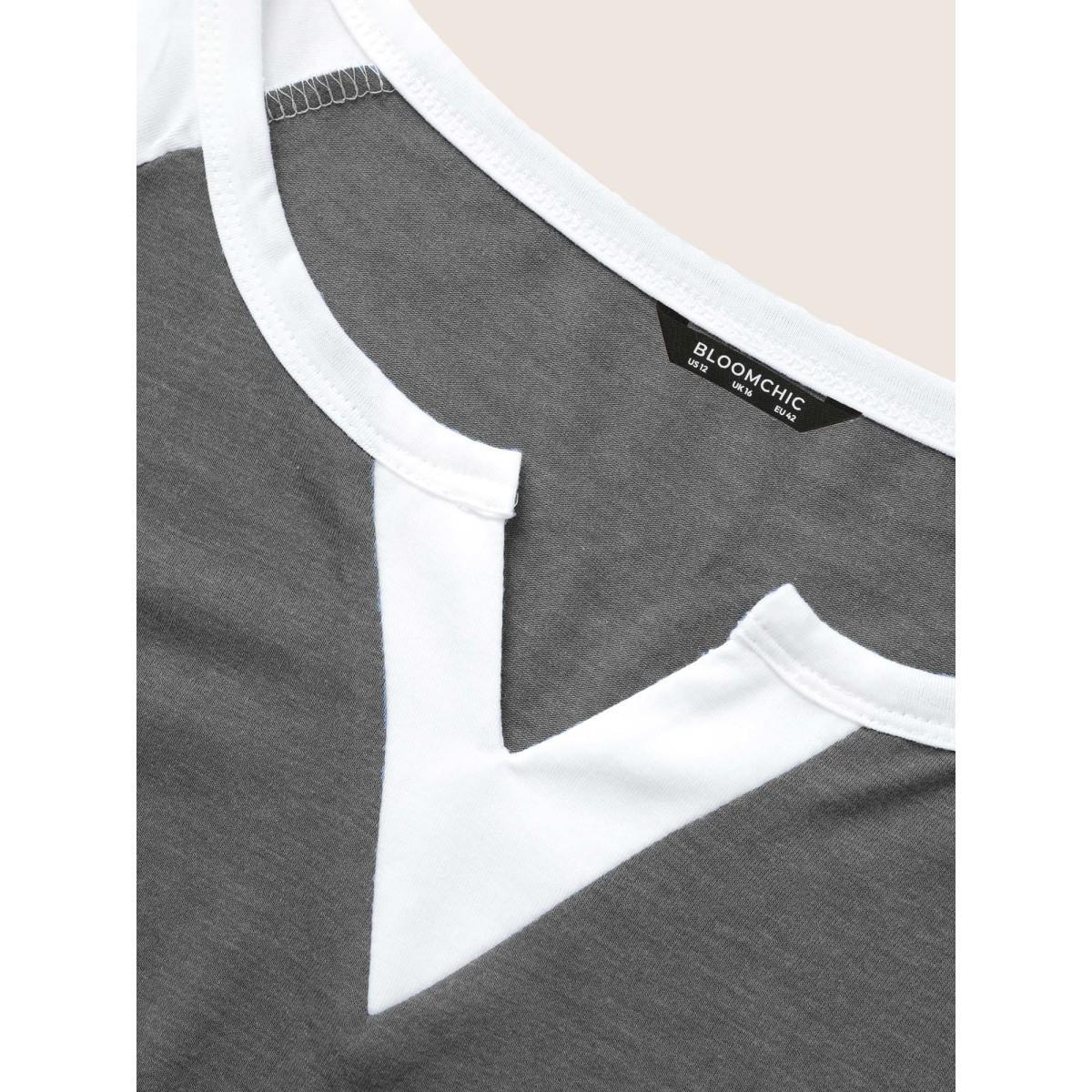 Plus Size Colorblock Contrast Notched Raglan Sleeve T-shirt DimGray Women Casual Plain Everyday T-shirts BloomChic 18-20/2X Product Image