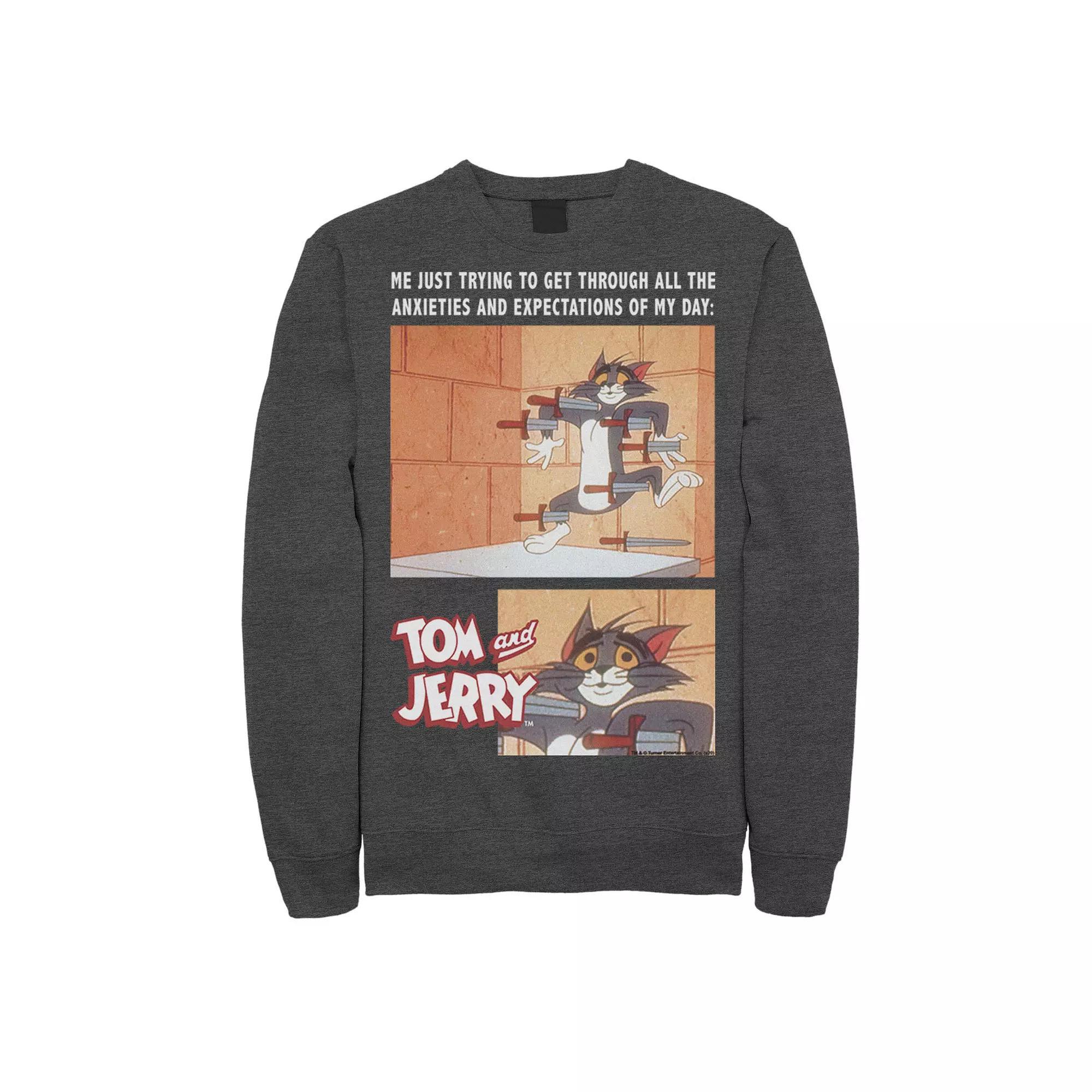 Men's Tom And Jerry Anxiety Meme Portrait Panels Sweatshirt, Size: Medium, Grey Heather Product Image