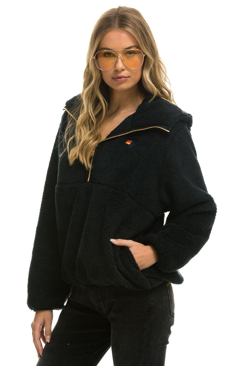 TEDDY UNISEX HOODED HALF ZIP JACKET - BLACK Unisex Product Image