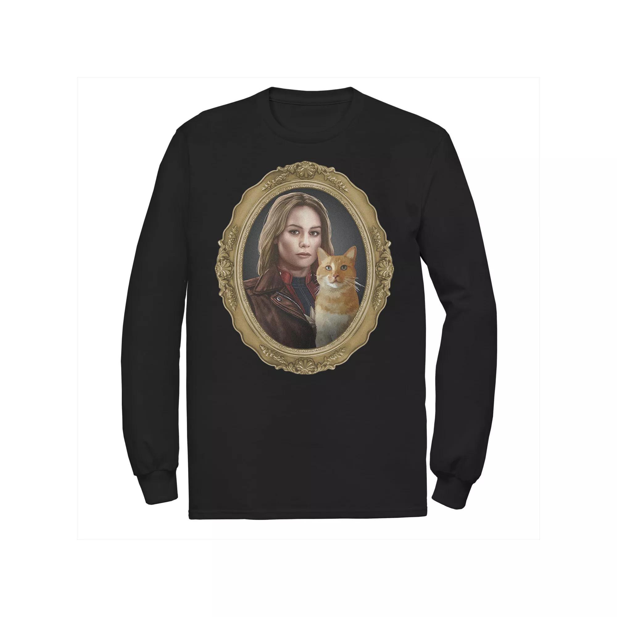 Men's Marvel Captain Marvel And Goose Gold Frame Photograph Long Sleeve Graphic Tee, Size: Large, Black Product Image