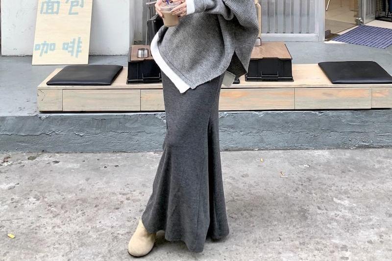 Asymmetrical Embroidered Knit Top / A-Line Maxi Skirt Product Image