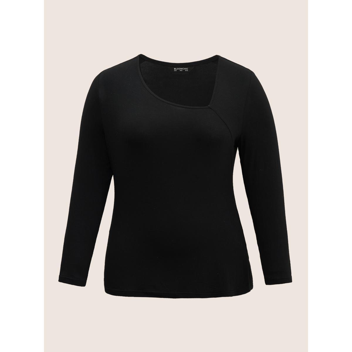 Plus Size Solid Asymmetrical Neck Knit T-shirt Black Women Elegant Non Plain Asymmetrical Neck Everyday T-shirts BloomChic 30/6X Product Image