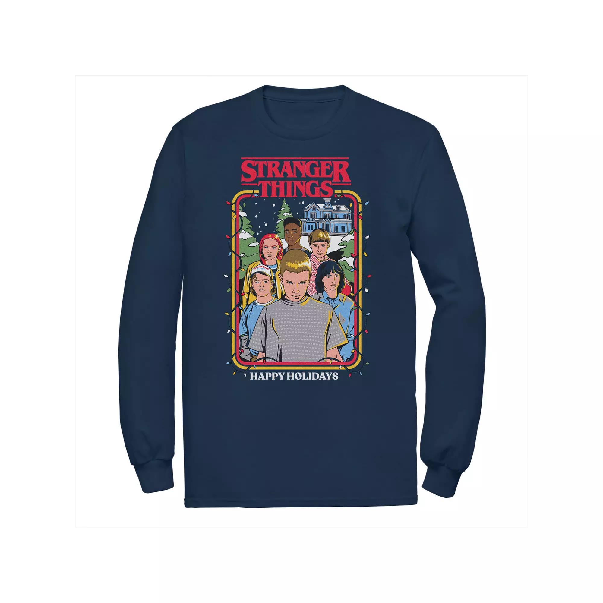 Big & Tall Stranger Things Happy Holidays Portrait Group Long Sleeve Tee, Mens Blue Product Image