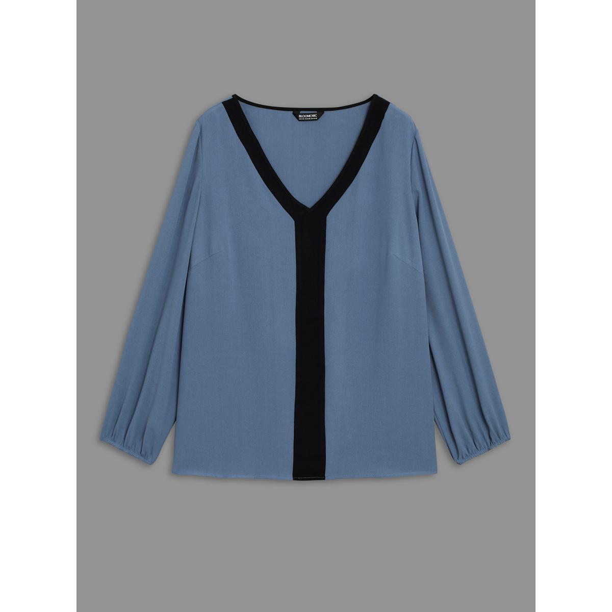 Plus Size Stone Contrasting Panel Lantern Sleeve Shirt Women Elegant Long Sleeve V-neck Everyday Blouses BloomChic 18-20/2X Product Image