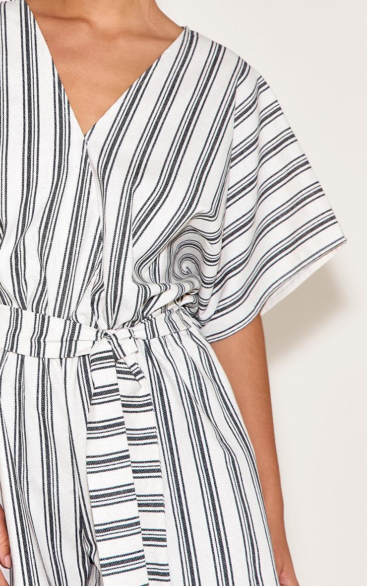 White Woven Stripe Bag Wing Tie Romper Product Image