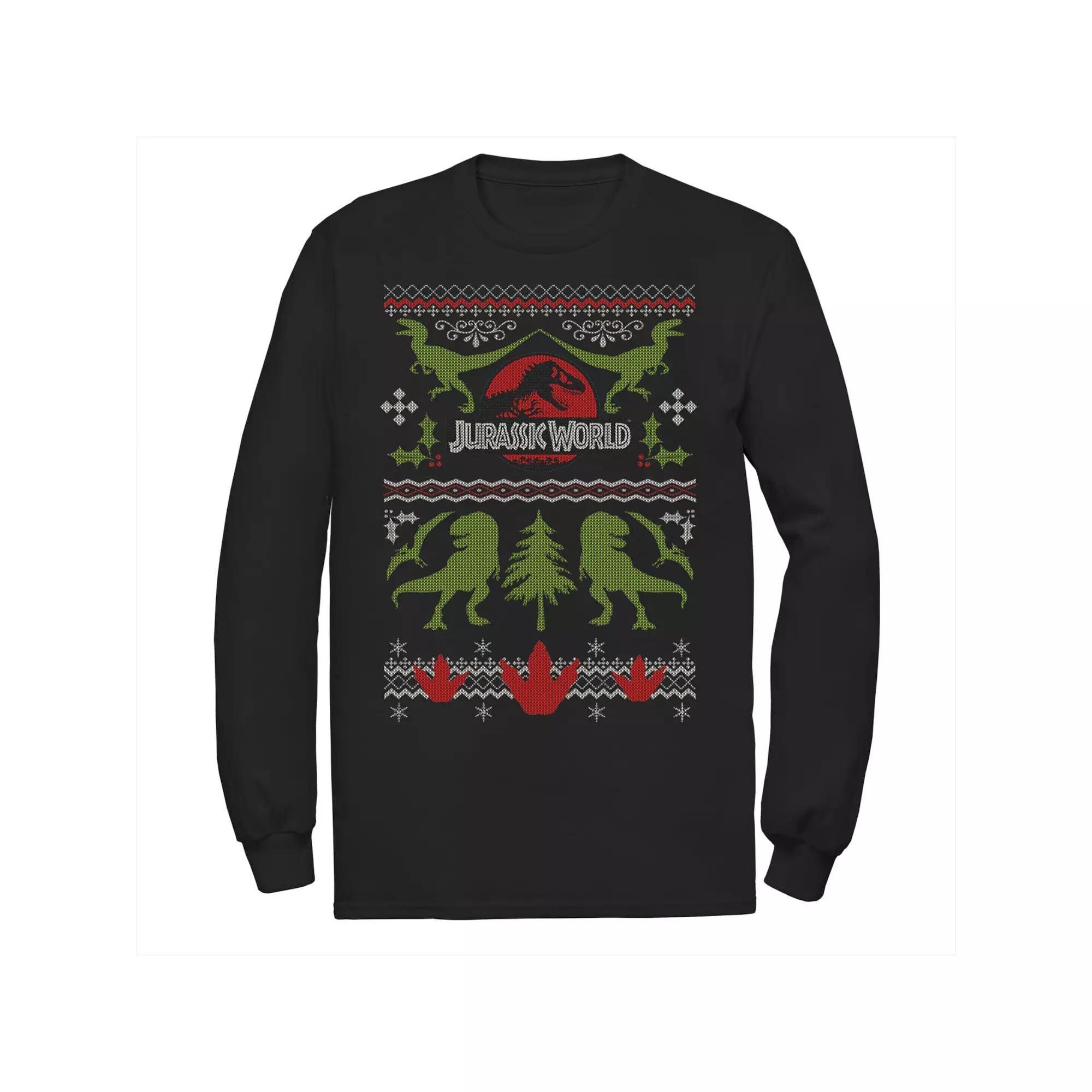 Men's Jurassic World Dinosaur Xmas Ugly Sweater Long Sleeve Graphic Tee, Size: Small, Black Product Image