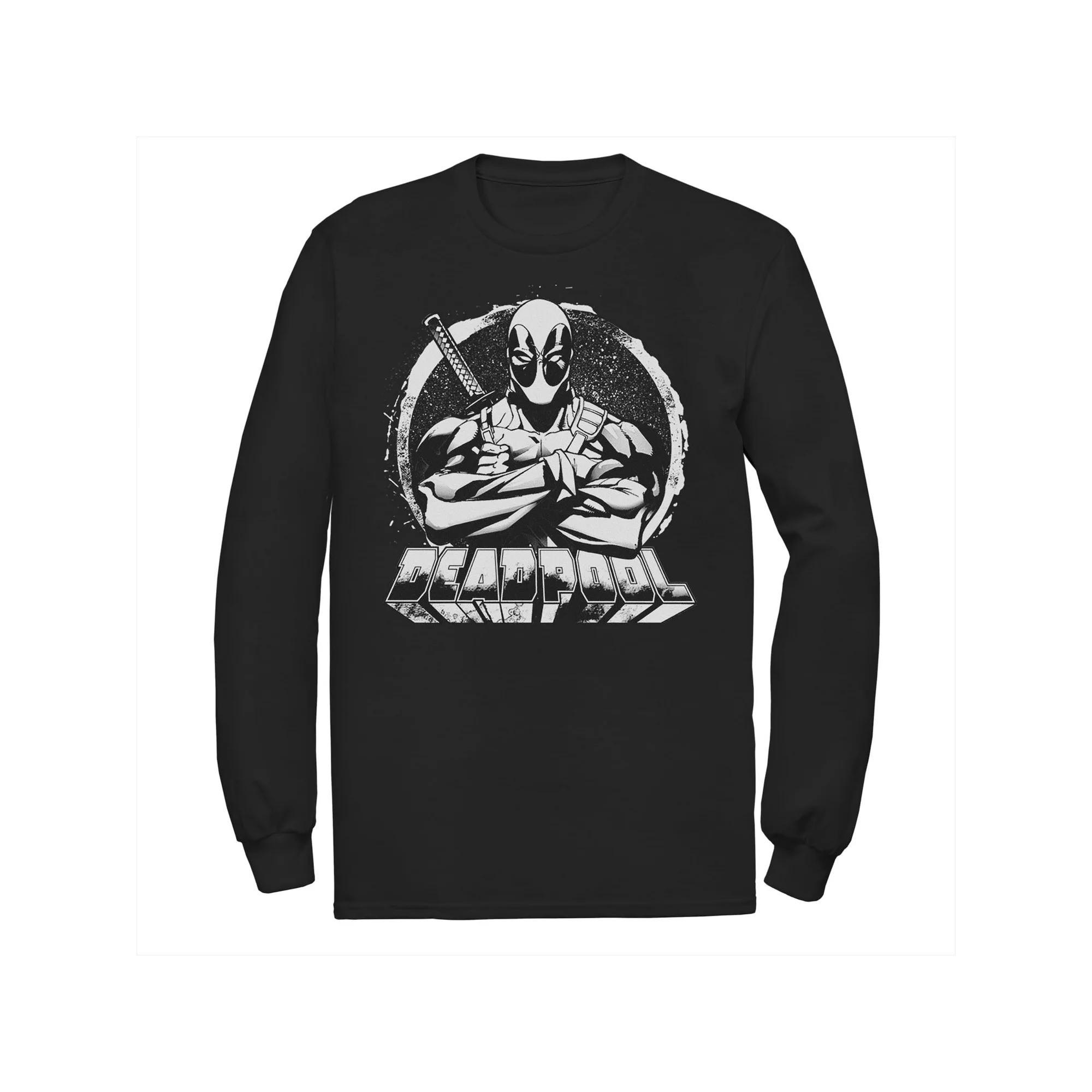 Men's Marvel Deadpool Arms Crossed Chalk Out Badge Long Sleeve Graphic Tee, Size: Large, Black Product Image