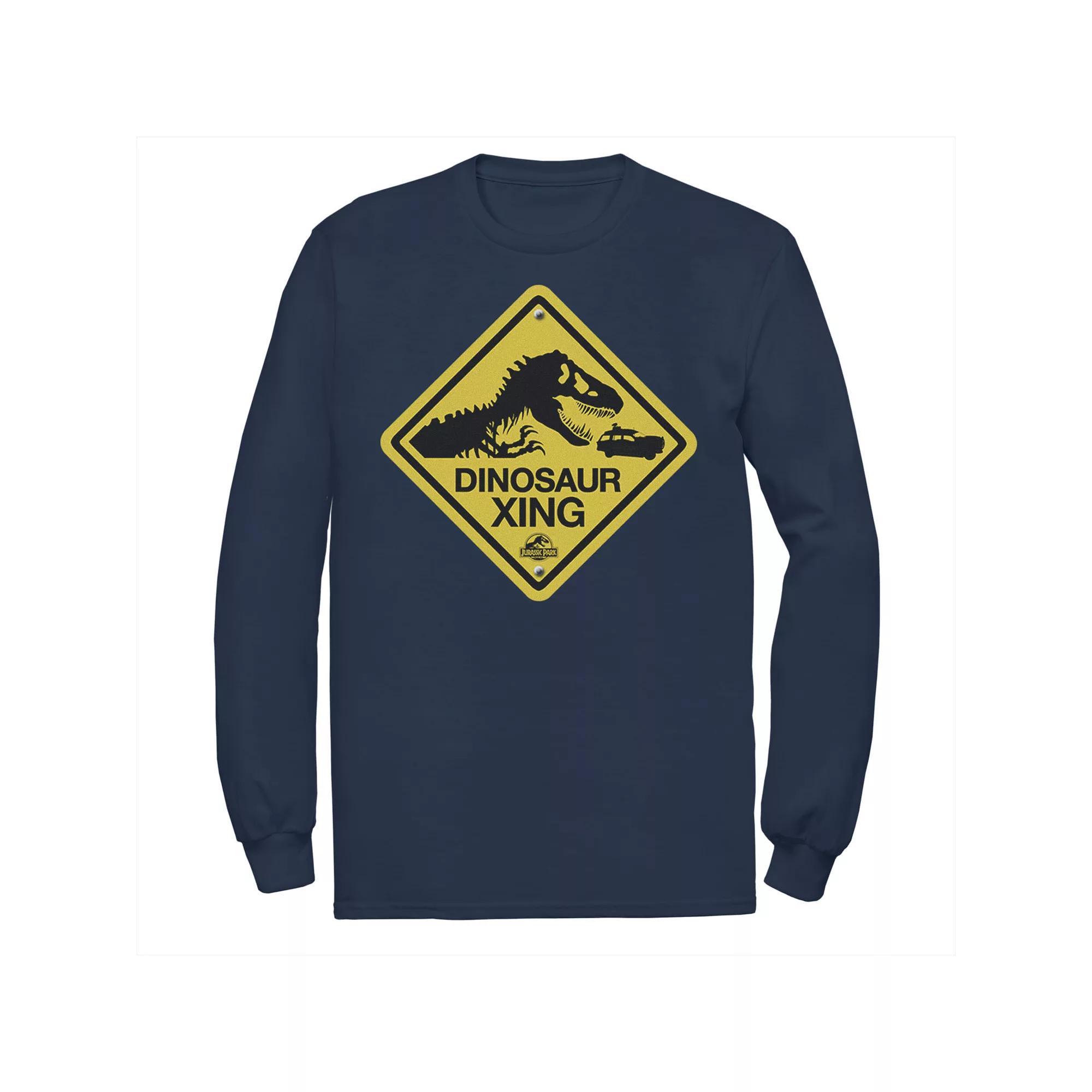Men's Jurassic Park Dinosaur Crossing Yellow Sign Tee, Size: XXL, Blue Product Image