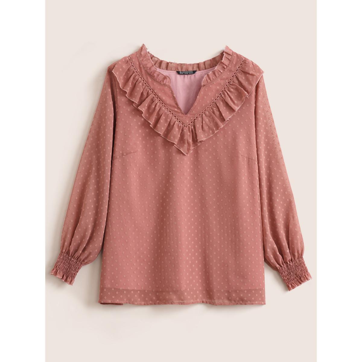 Plus Size DustyPink Texture Shirred Lace Patchwork Frill Trim Blouse Women Elegant Long Sleeve V-neck Everyday Blouses BloomChic 30/6X Product Image