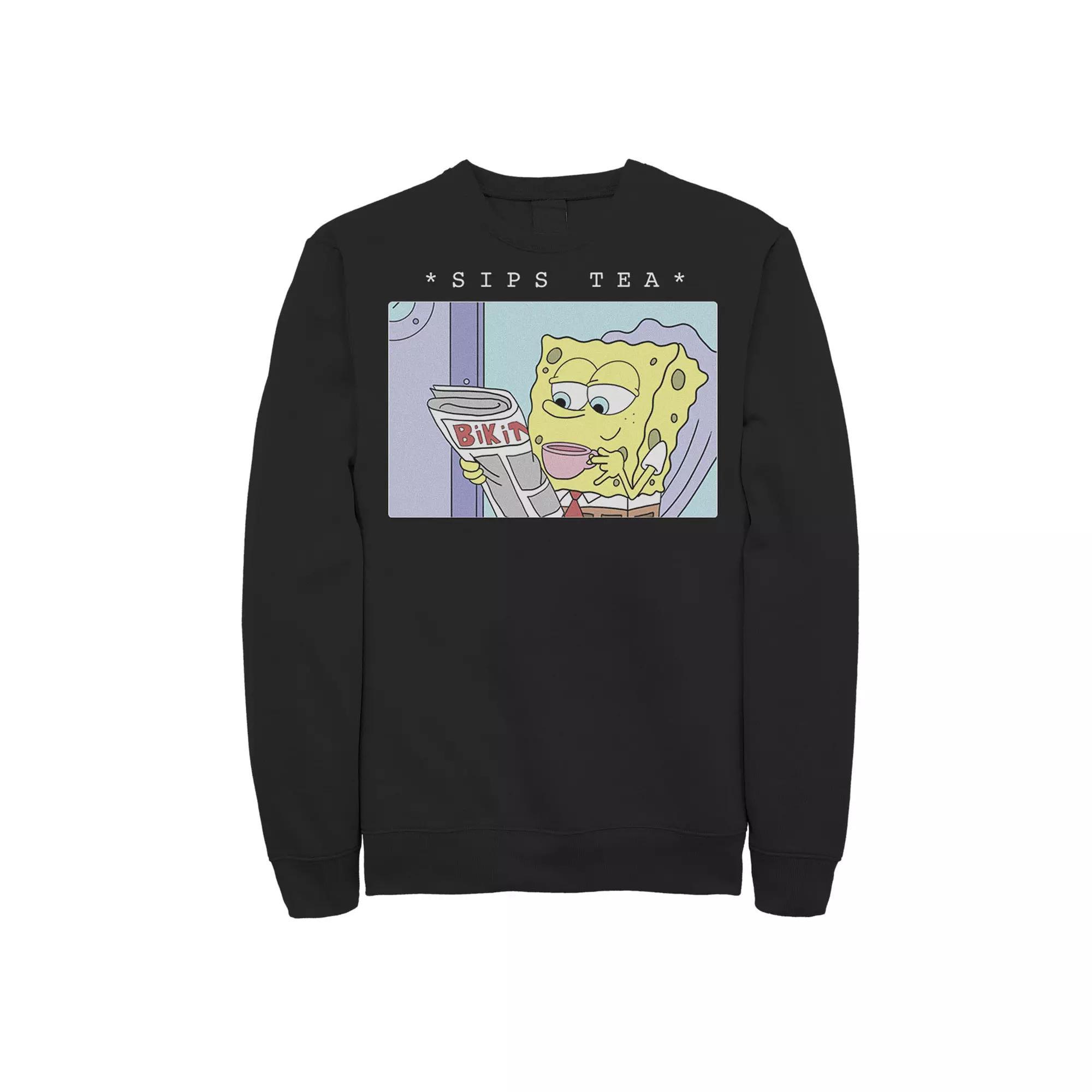 Men's SpongeBob SquarePants Sips Tea Meme Sweatshirt, Size: Large, Black Product Image