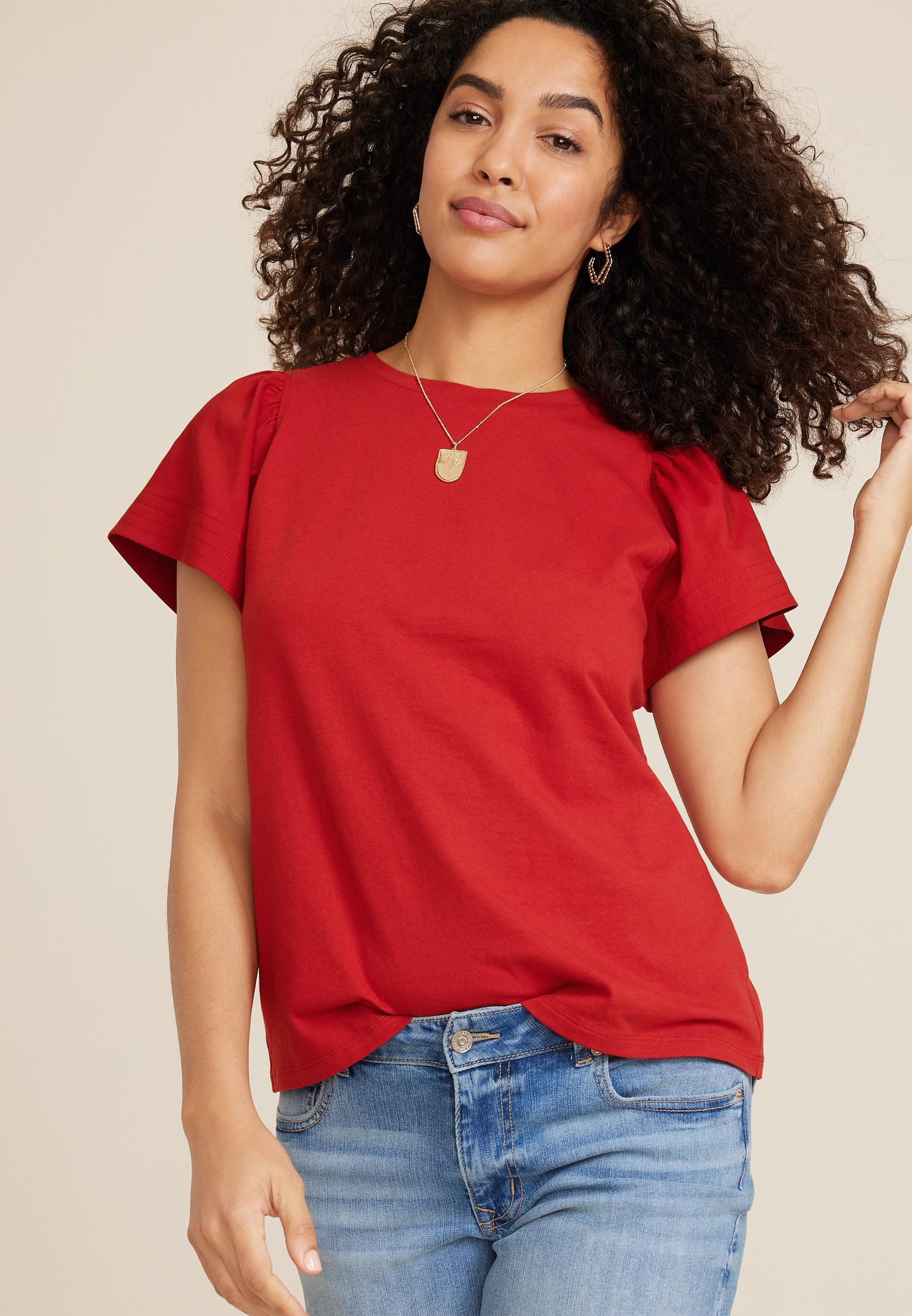 Maurices Womens X Small Size Woven Flutter Sleeve Tee Beige Product Image