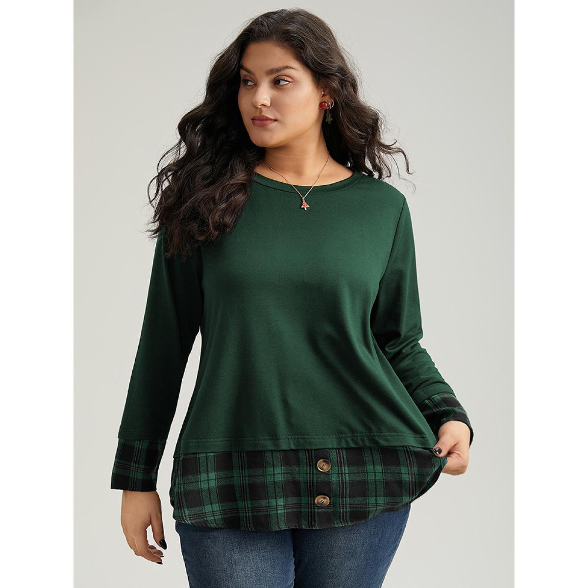 Plus Size Plaid Patchwork Button Detail Curved Hem Sweatshirt Women Green Casual Contrast Round Neck Festival-Christmas Sweatshirts BloomChic 12/L Product Image