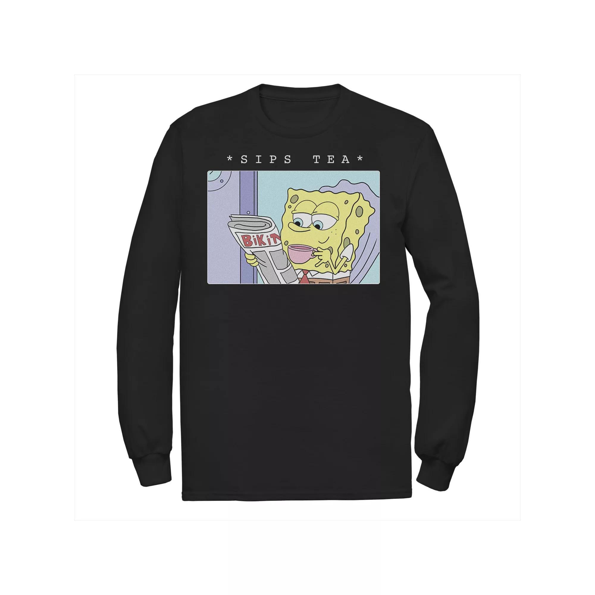 Men's SpongeBob SquarePants Sips Tea Meme Tee, Size: Small, Black Product Image