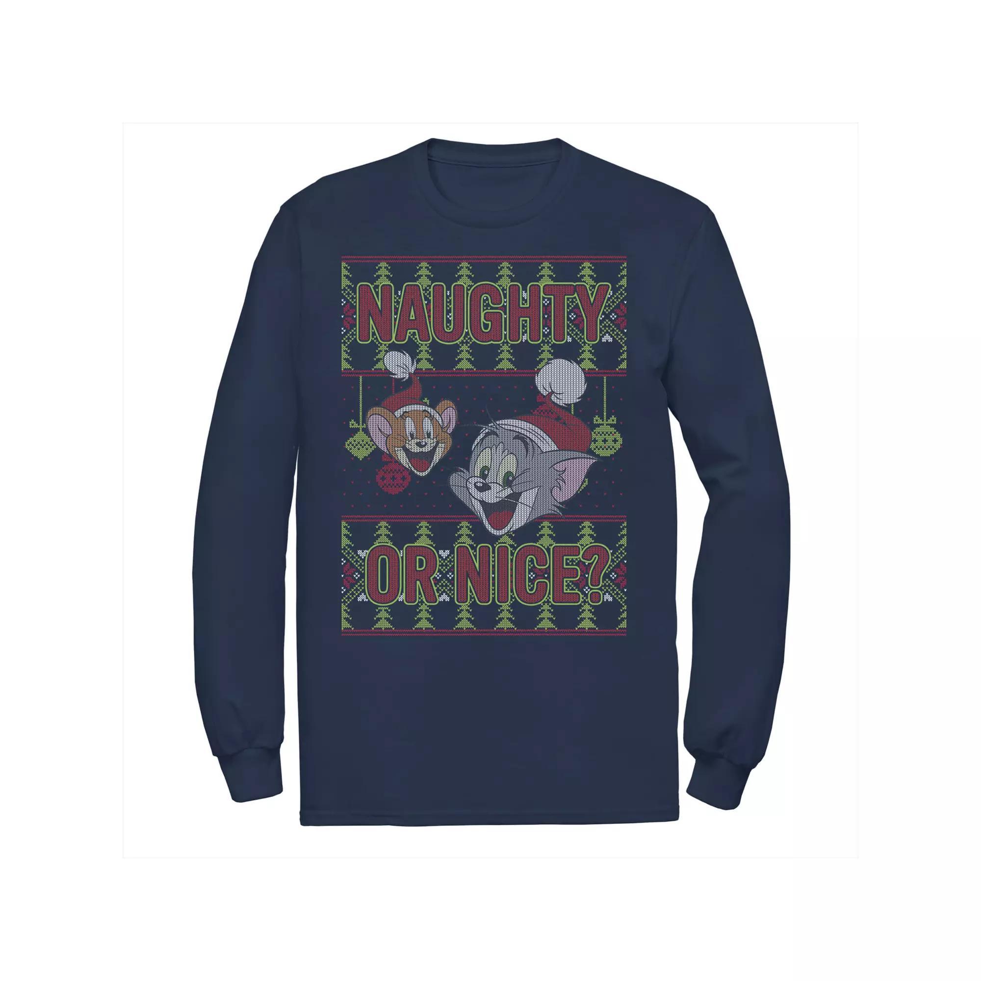 Men's Tom And Jerry Naughty Or Nice Holiday Pattern Tee, Size: XXL, Blue Product Image