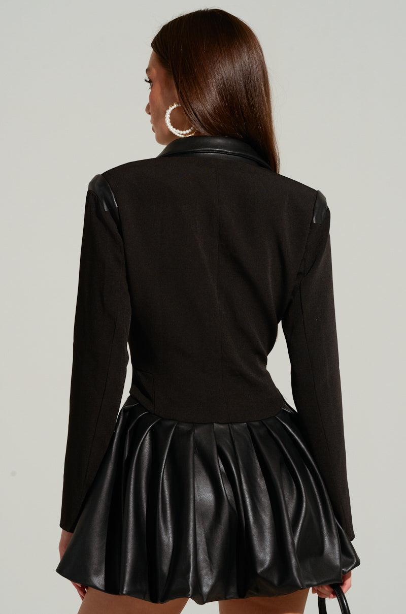 BACK TO BUSINESS FAUX LEATHER DETAIL PLEATED BLAZER DRESS Product Image