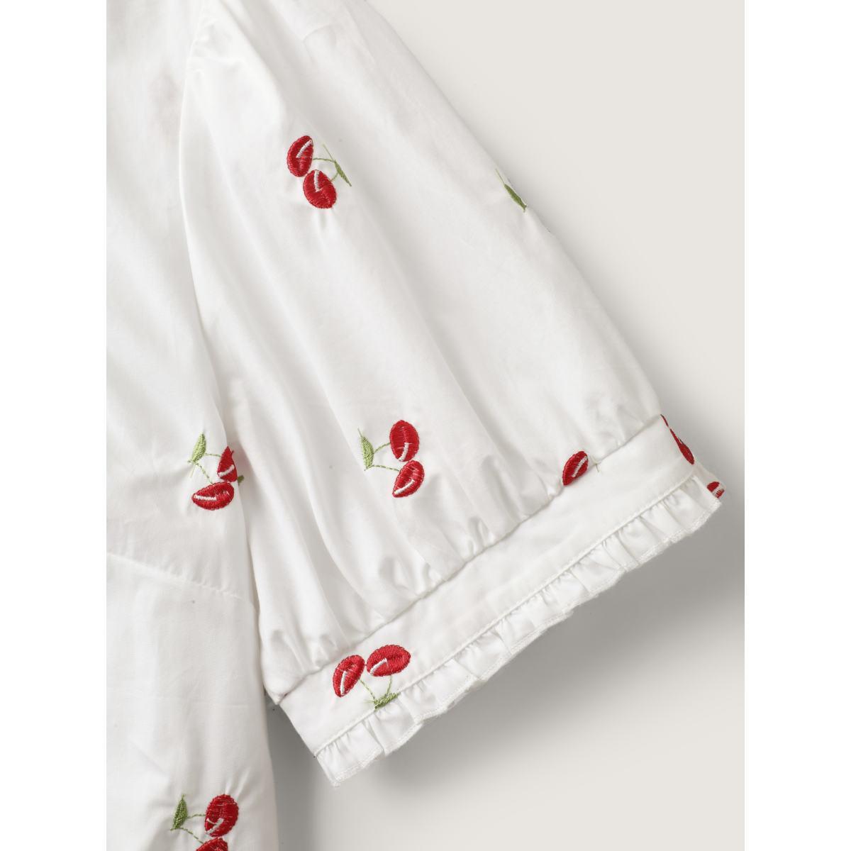 Plus Size WhiteSmoke Cotton Cherry Embroidery Ruffled Neck Blouse Women Short sleeve Round Neck Everyday-Elegant Blouses BloomChic 14-16/1X Product Image
