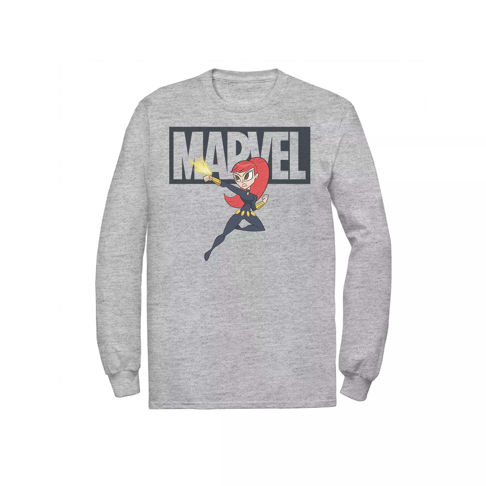 Men's Marvel Black Widow Chibi Action Pose Logo Outline Tee, Size: Medium, Athletic Grey Product Image