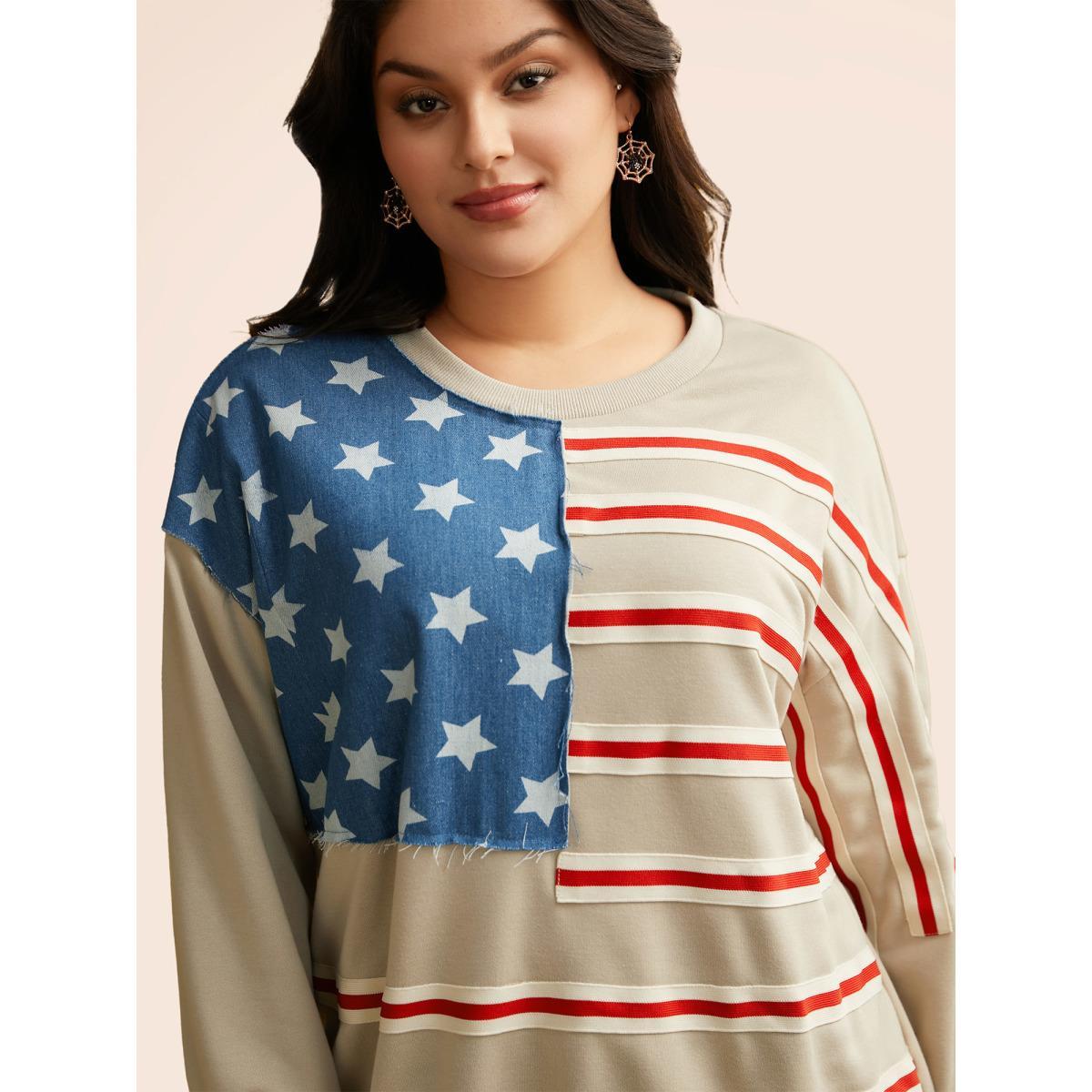 Plus Size Flag And Denim Spliced Crew Neck Sweatshirt Women Champagne Casual Woven ribbon&lace trim Loose Round Neck Everyday Sweatshirts BloomChic 28/5X Product Image
