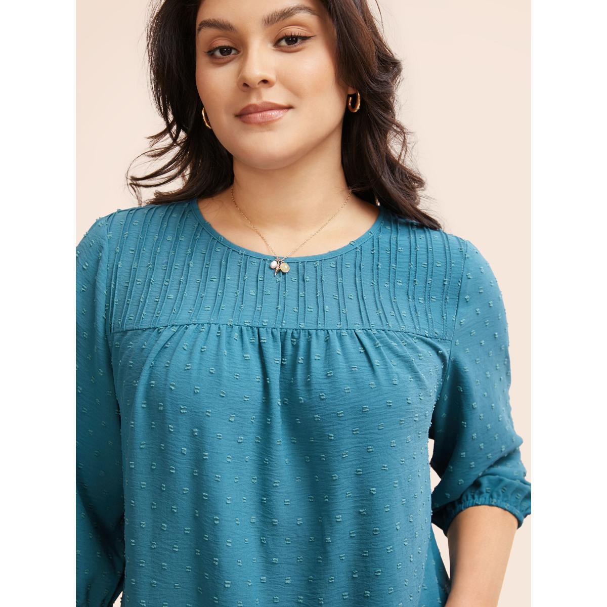 Plus Size Cerulean Texture Round Neck Pleated Lantern Sleeve Blouse Women Elegant Elbow-length sleeve Round Neck Everyday Blouses BloomChic 18-20/2X Product Image
