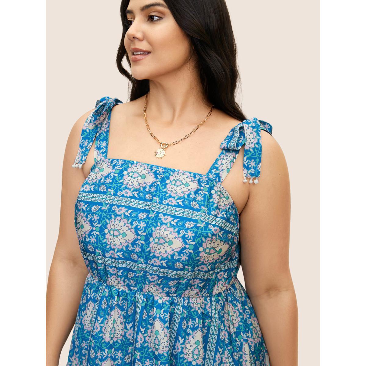 Plus Size Boho Print Tie Knot Pompom Trim Dress Cerulean Women Resort Woven ribbon&lace trim One-shoulder neck Sleeveless Curvy BloomChic 30/6X Product Image