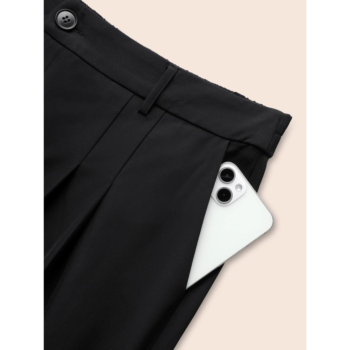 Plus Size Stretch Woven Pleated Elastic Waist Pants Women Black At the Office Wide Leg Mid Rise Work Pants BloomChic 28/5X Product Image