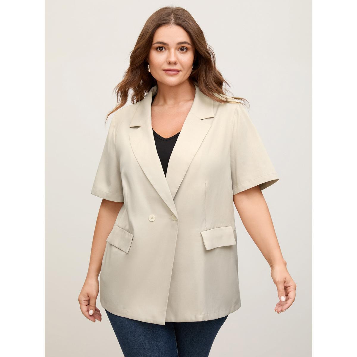 Plus Size Short Sleeve Pockets Solid Blazer Apricot Women Work Button Sleeve Short sleeve Suit Collar 30/6X Open pocket with flap Blazers BloomChic Product Image
