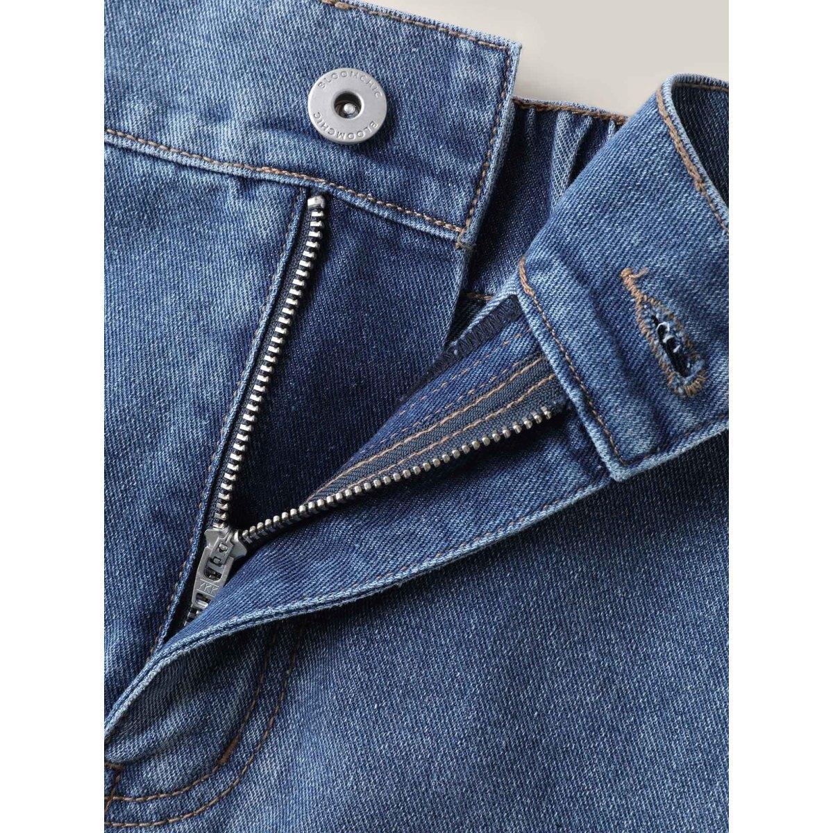 Plus Size A-Line Classic Midi Denim Skirt Women Denimblue Vacation No stretch Medium Wash 22/3X Slanted pocket Denim Skirts BloomChic Product Image