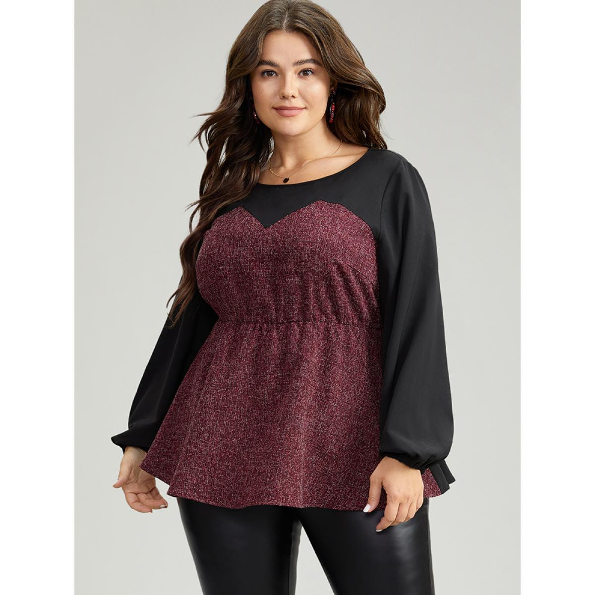 Plus Size Burgundy Contrast Patchwork Lantern Sleeve Elastic Waist Blouse Women Elegant Long Sleeve Round Neck Festival-Christmas Blouses BloomChic 22-24/3X Product Image
