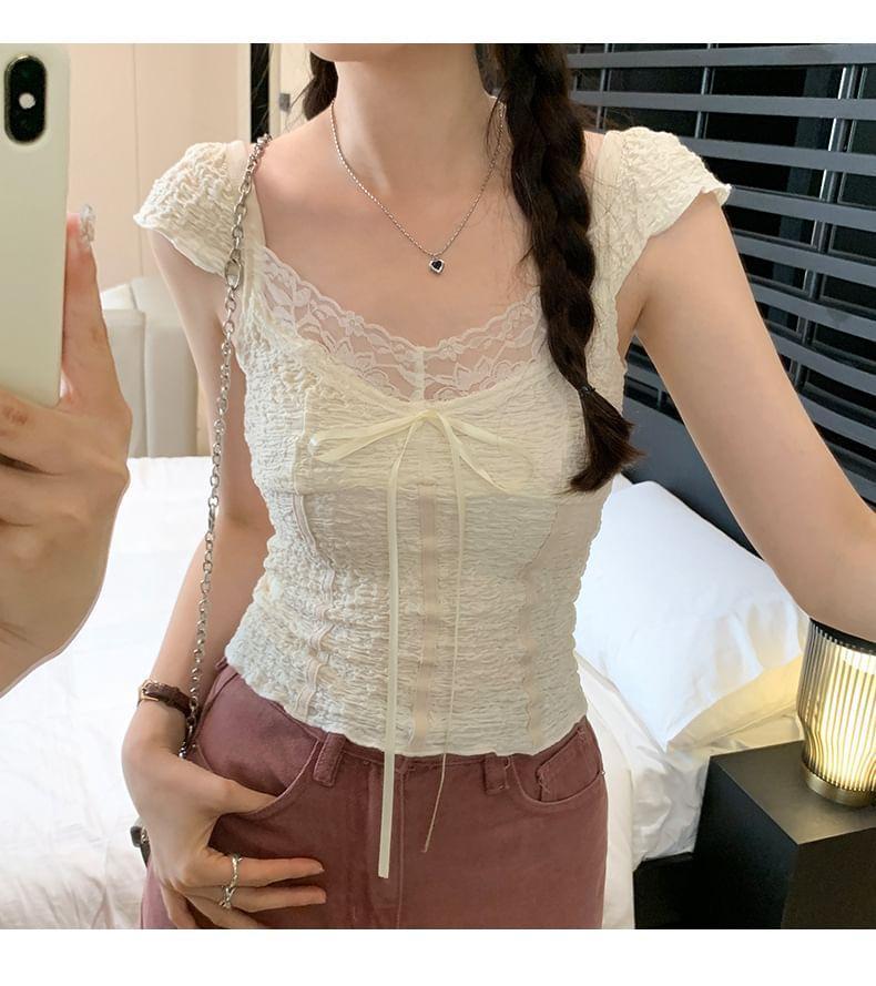 Cap Sleeve V-Neck Lace Panel Tie-Front Ruched Crop Top Product Image