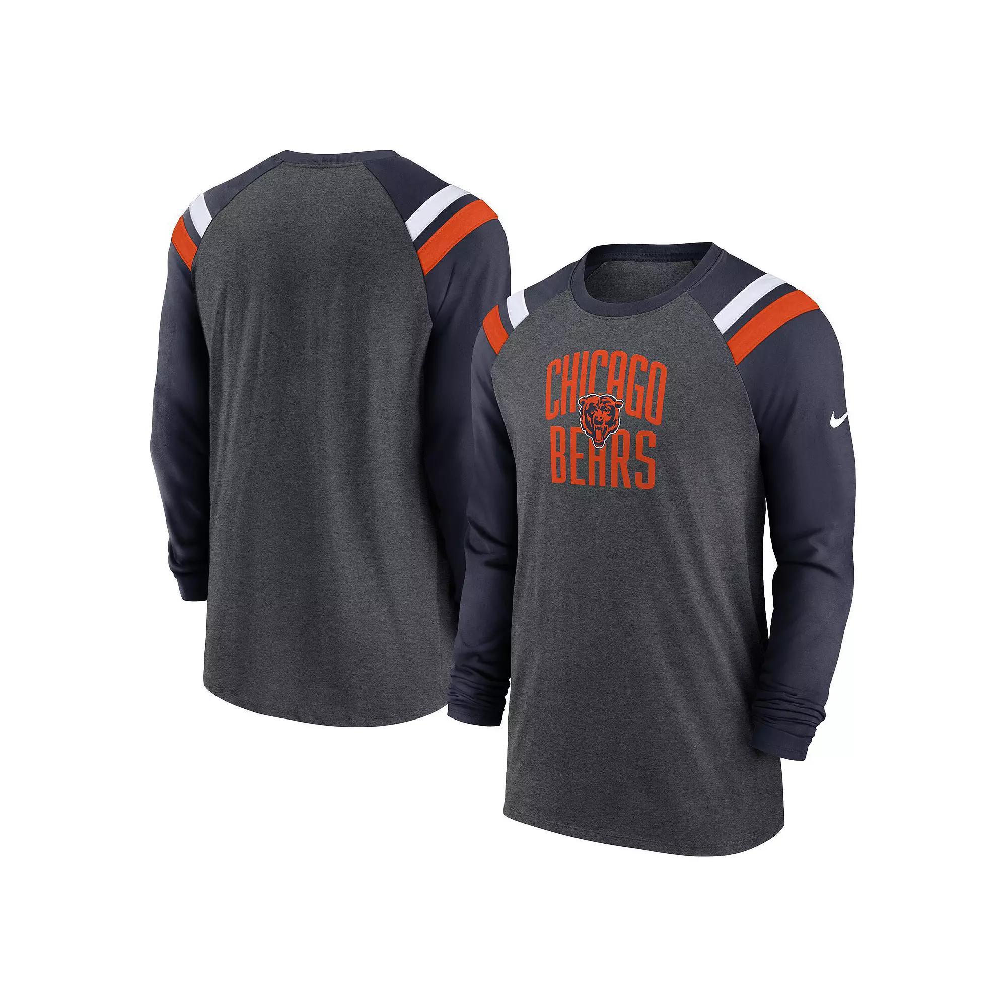 Men's Nike Heathered Charcoal/Navy Chicago Bears Tri-Blend Raglan Athletic Long Sleeve Fashion T-Shirt, Size: Small Product Image