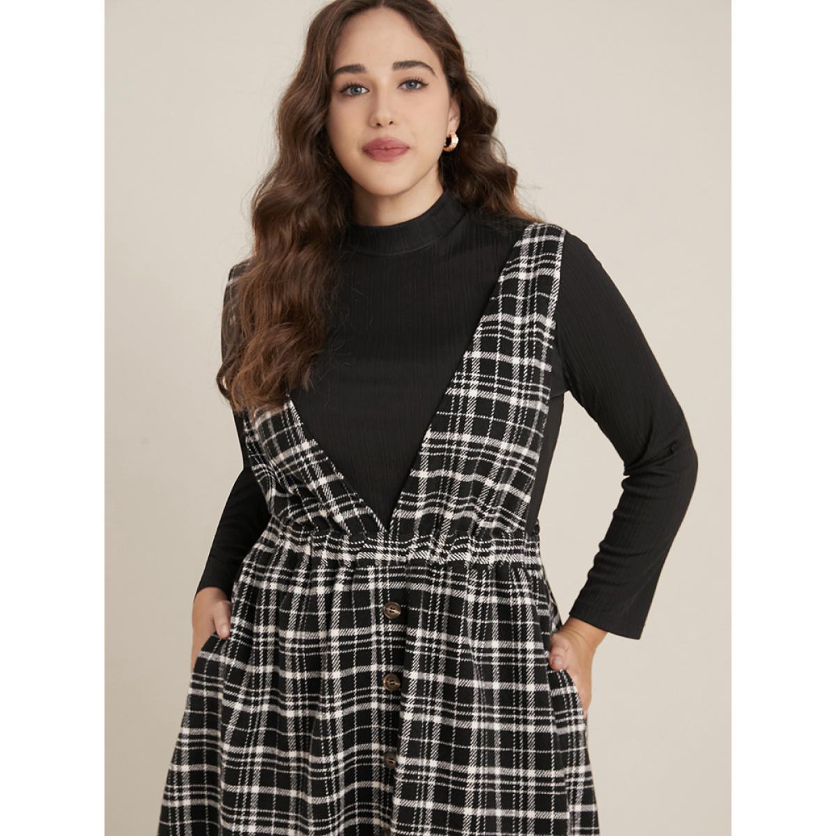 Plus Size Plaid Sleeveless Pocket Button Detail Suspender Dress Without Sweater Black Women Office Elastic Waist Deep V-neck Sleeveless Curvy Midi Dress BloomChic 10/M Product Image