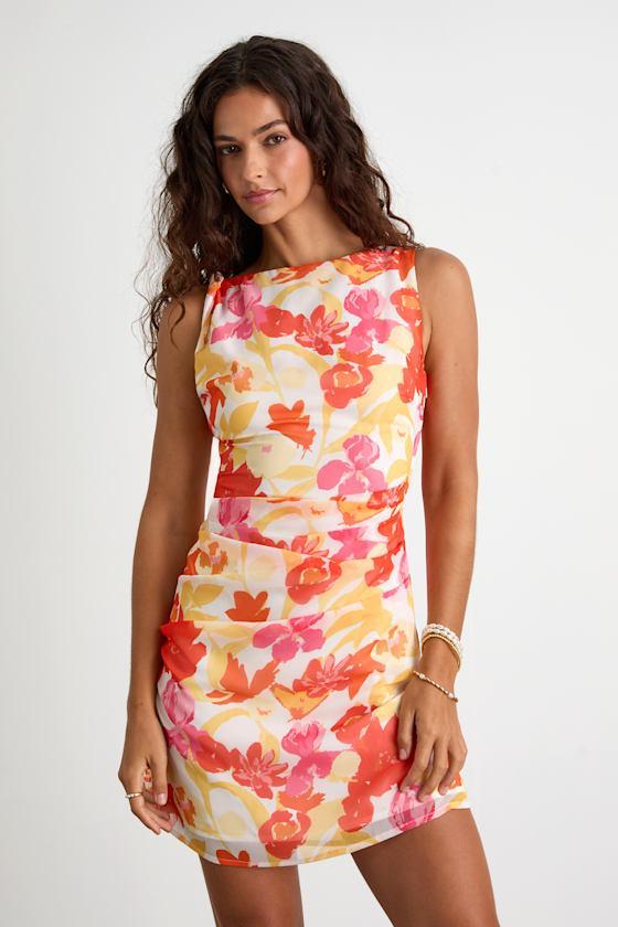 Roanes Orange Floral Boat Neck Pleated Mini Dress Product Image