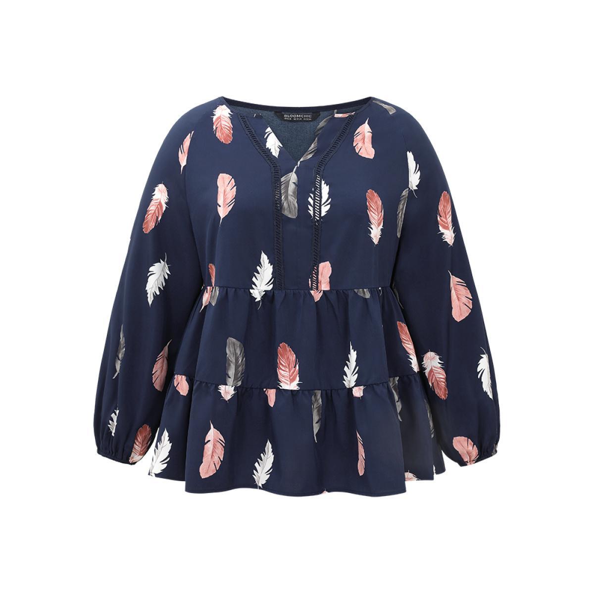 Plus Size Indigo Feather Print Notched Tiered Ruffle Hem Blouse Women Vacation Long Sleeve Notched collar Vacation Blouses BloomChic 18-20/2X Product Image