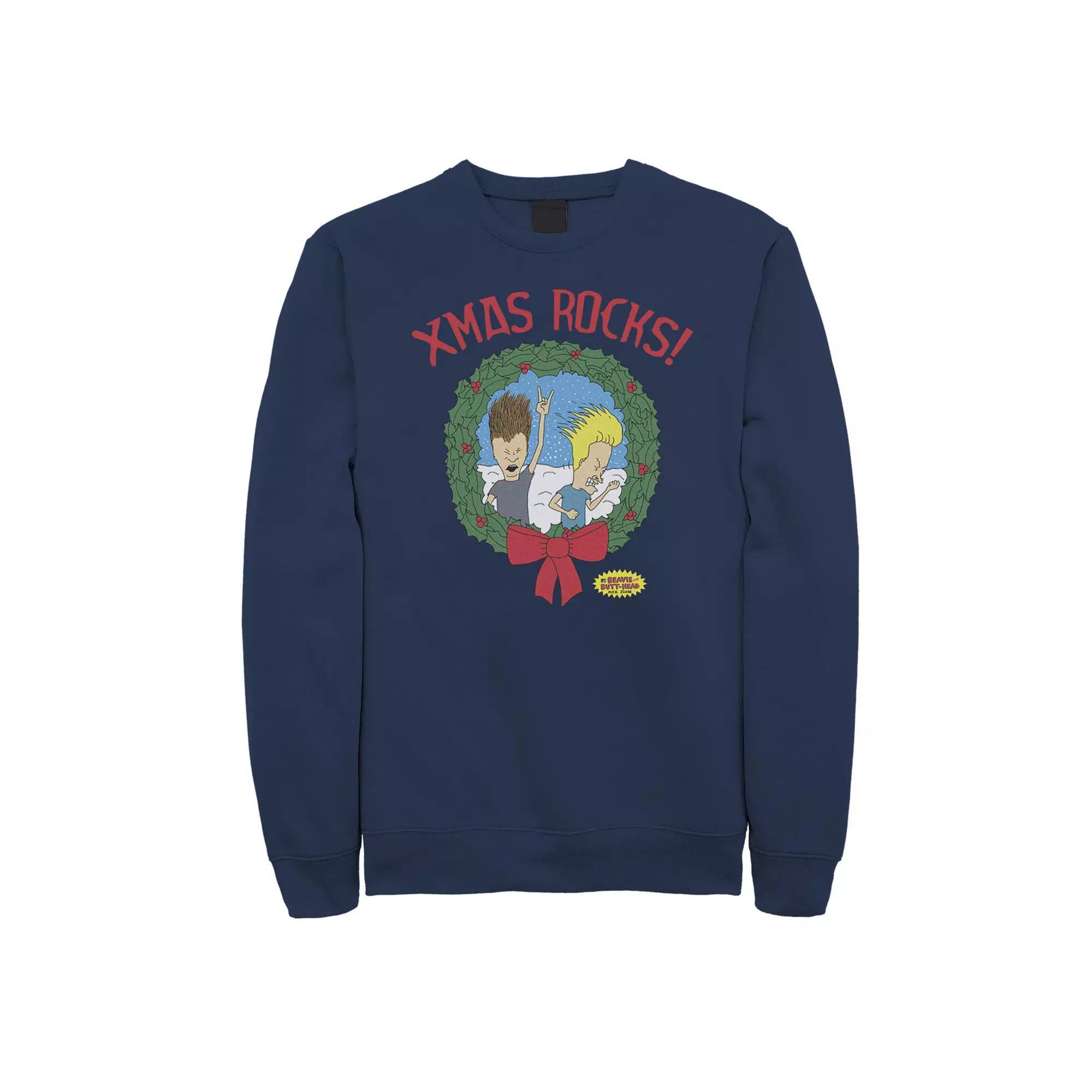 Men's Beavis And Butthead Xmas Rocks Wreath Fleece, Size: XXL, Blue Product Image