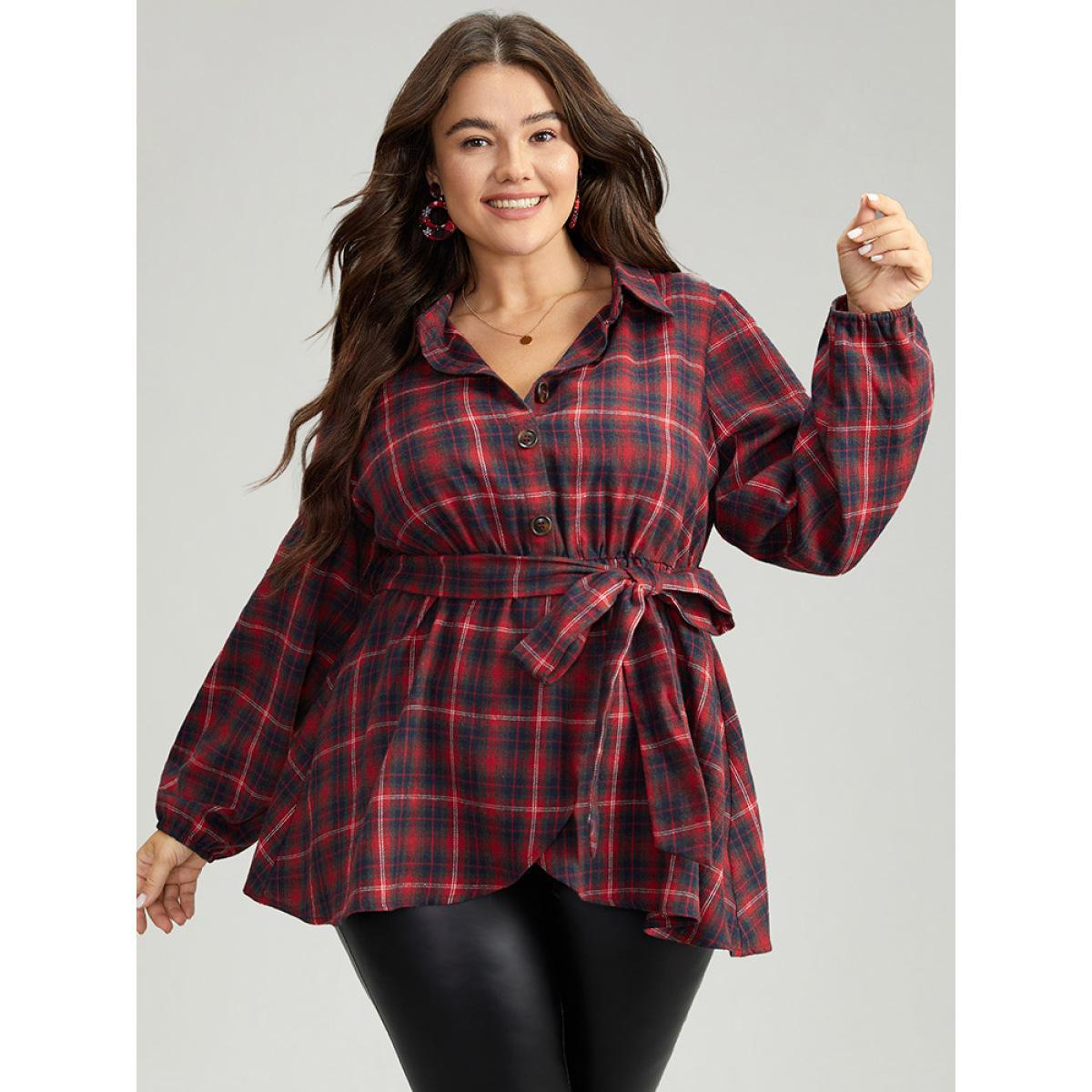 Plus Size Raspberry Plaid Shirt Collar Belted Button Through Blouse Women Elegant Long Sleeve Shirt collar Festival-Christmas Blouses BloomChic 28/5X Product Image