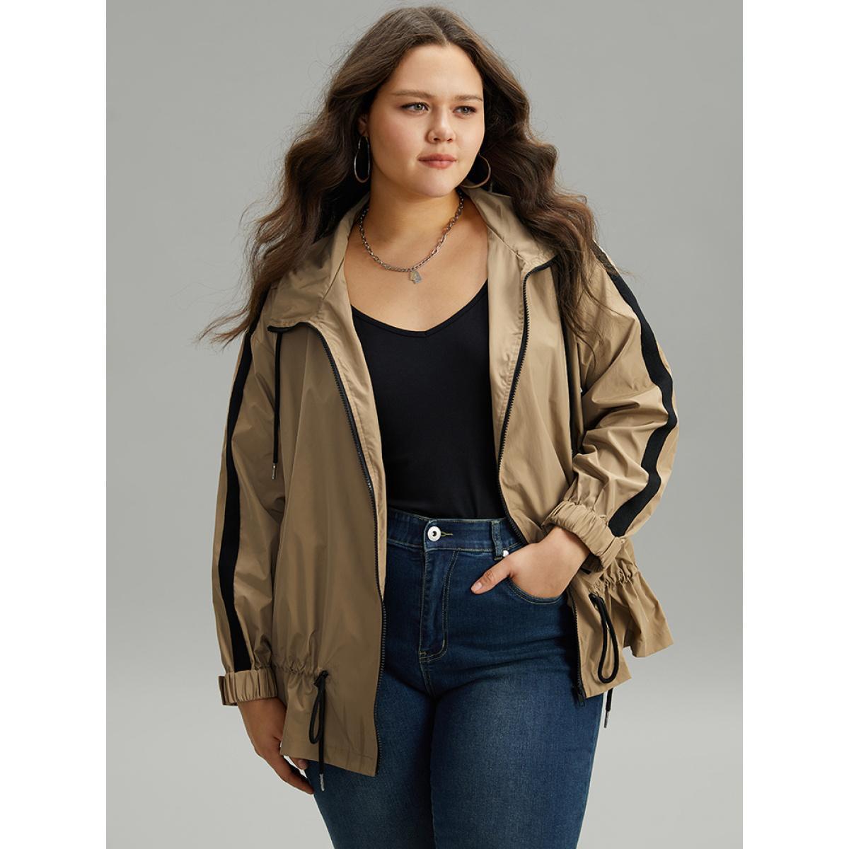 Plus Size Wind-Resistant Contrast Trim Drawstring Jacket Women Tan Elastic cuffs Pocket Dailywear Jackets BloomChic 30/6X Product Image
