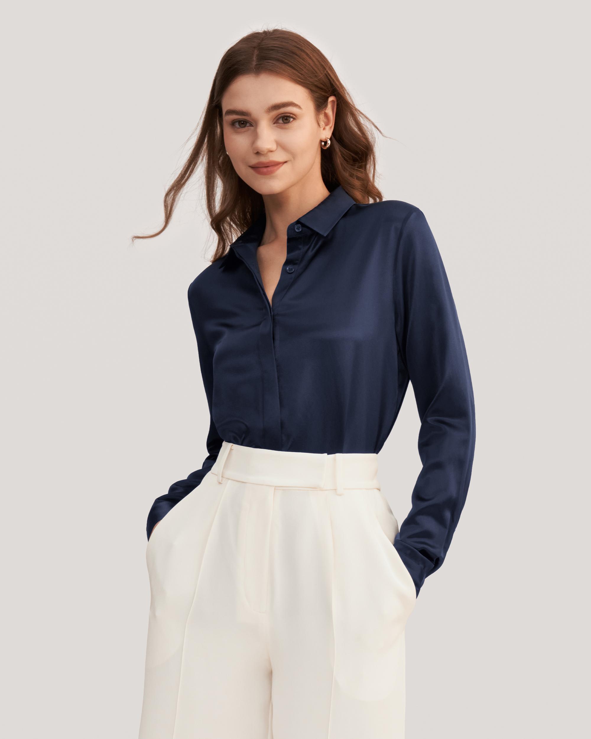 LILYSILK Business Blue Silk Shirt | Plain Long Sleeves Style | Silk for Women Navy Free of Harmful Chemicals Regular L Product Image