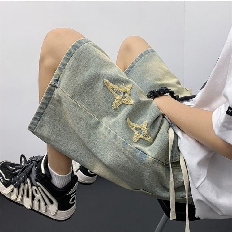 Drawstring Waist Star Applique Washed Denim Shorts Product Image