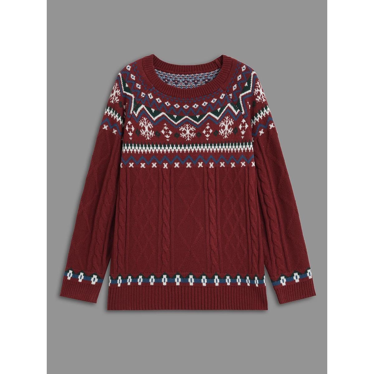 Plus Size Festive Fair Isle Cable Knit Pullover Deepred Women Casual Loose Long Sleeve Round Neck Everyday Pullovers BloomChic 18-20/2X Product Image